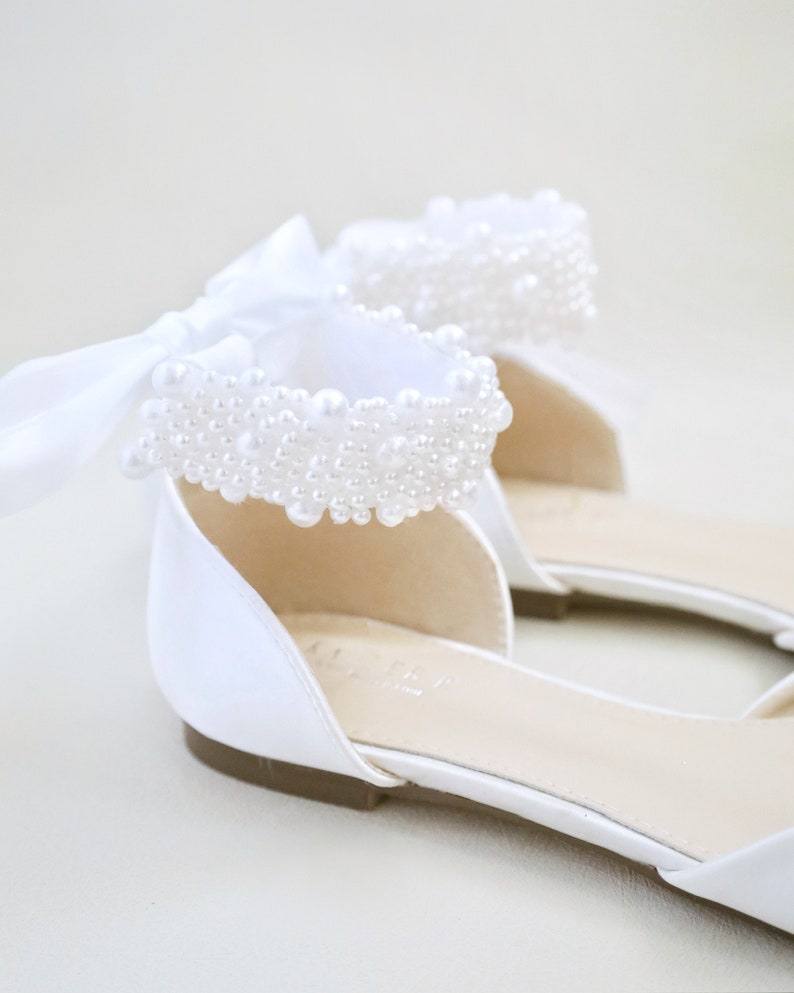 White & Ivory Satin Pointy Toe Wedding Flats with Perla Ankle Strap, Women Wedding Shoes, Bridal Shoes, Bridal Flats, White Shoes image 5