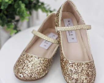 Infant Girl Shoes, Toddler Shoes, Little Kids & Big Kids Shoes - GOLD ROCK glitter maryjane flats - for flower girls, fairies, and princess