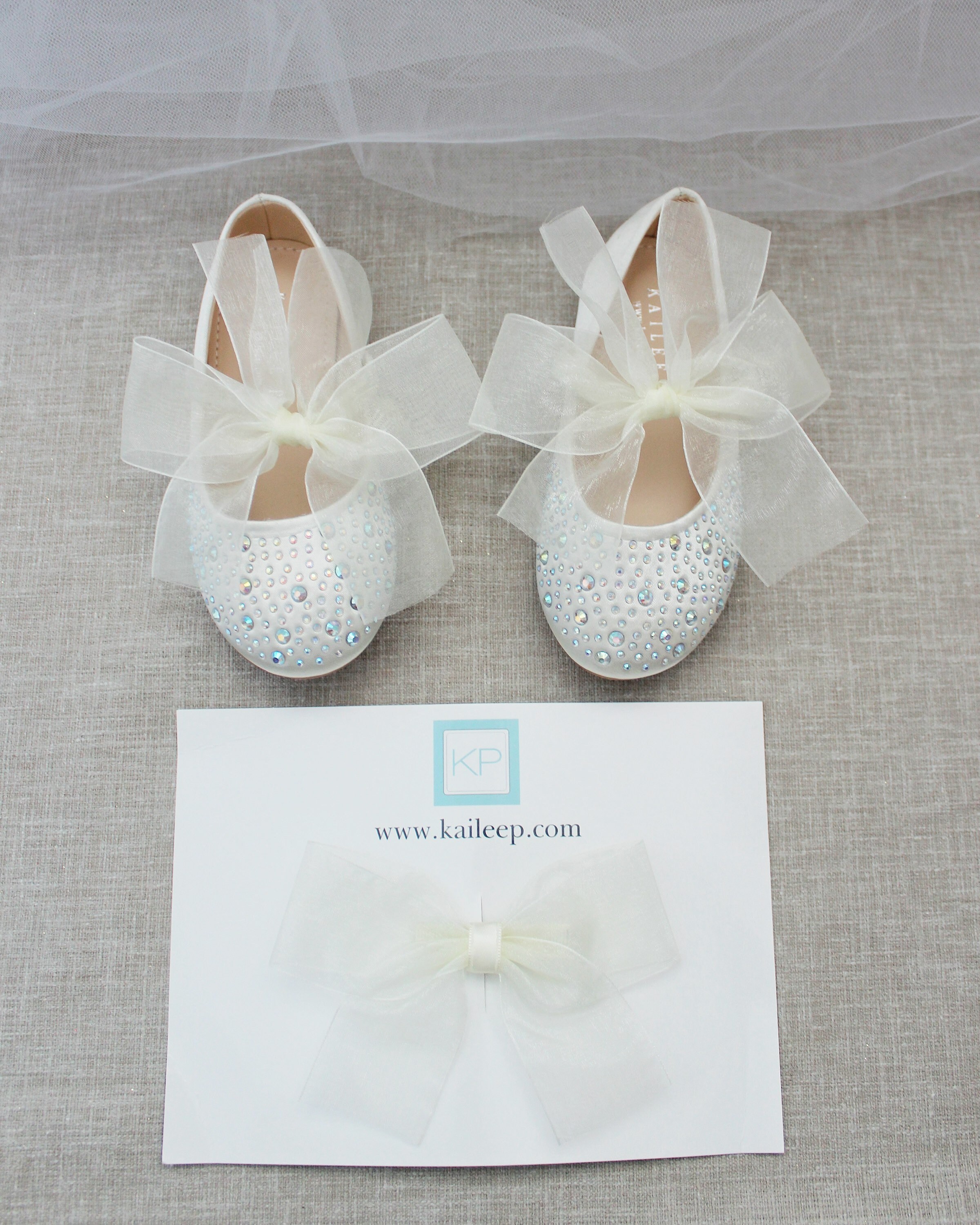 Ivory Satin Mary Jane Flats With IVORY CHIFFON BOW and Rhinestones- for ...