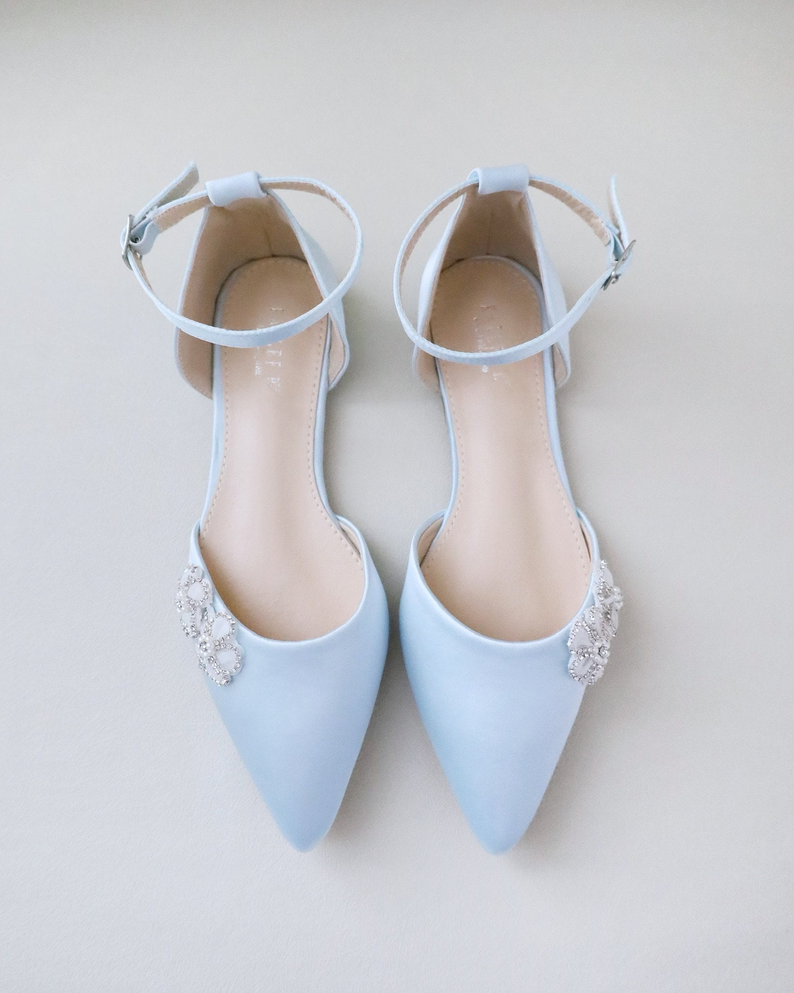 Light Blue Satin Pointy Toe flats with Rhinestones Chassia Flower,…