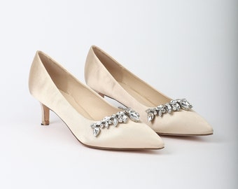 Champagne Satin Pointy Toe Pump Low Heels with TEARDROP RHINESTONE, Fall Wedding Shoes, Bridesmaids Shoes, Holiday Shoes