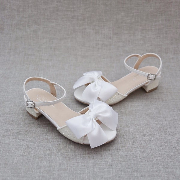 White Rock Glitter Block Heel Sandals with Bow, Girls Sandals, Flower Girls Shoes, Jr.Bridesmaid Shoes, Holiday Shoes