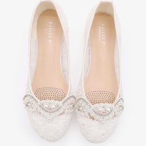 White Crochet Lace Round Toe Flats with SMALL PEARLS APPLIQUE - Women Wedding Shoes, Bridesmaid Shoes, Bridal Shoes, White Lace Shoes image 1