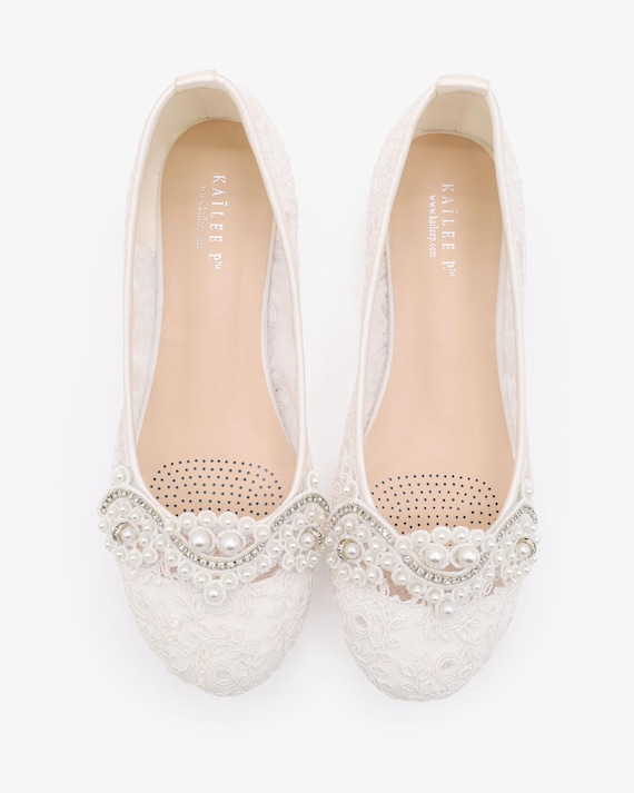 White Crochet Lace Round Toe Flats with SMALL PEARLS APPLIQUE - Women Wedding Shoes, Bridesmaid Shoes, Bridal Shoes, White Lace Shoes