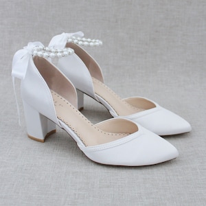Satin Almond Toe Block Heel With Pearl Ankle Strap, Women Wedding Shoes ...