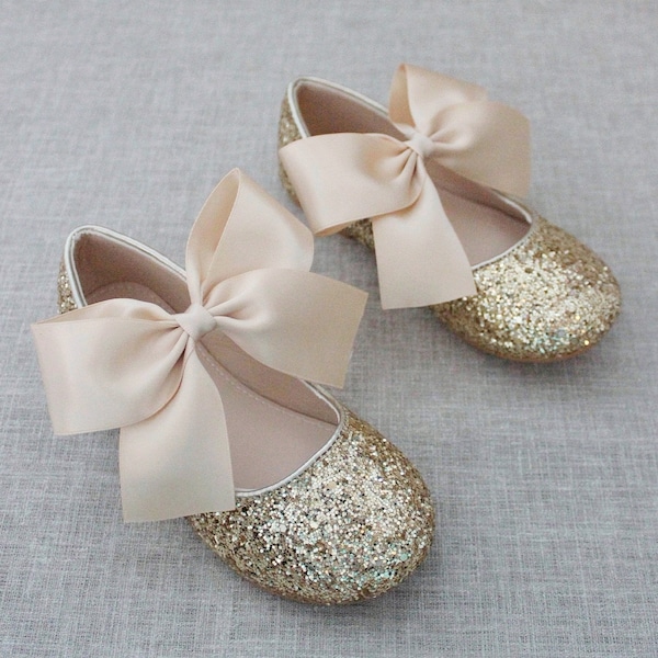 Gold Rock Glitter Mary Jane with SATIN bow for flower girl shoes, 1st birthday shoes, Fall Girls Shoes, Pageant Shoes, Holiday Shoes