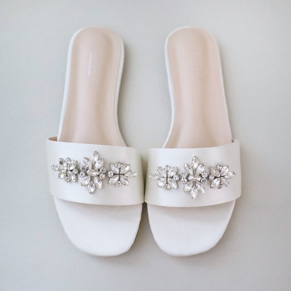 Ivory Satin Slip on Sandals with Asteria Brooch, Bridal Sandals, Bridesmaids Sandals, Wedding Sandals, Bridal Flats, Bridesmaids Gift