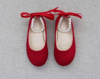 Red Satin Flats with Pearls Ankle Strap - Flower girls shoes, Satin Shoes, Jr. Bridesmaids Shoes, Holiday Shoes, Fall Girls Shoes