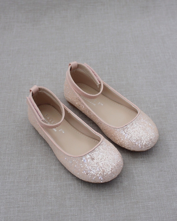 Dusty Pink Rock Glitter Ballet Flats With Ankle Strap Flower Girl