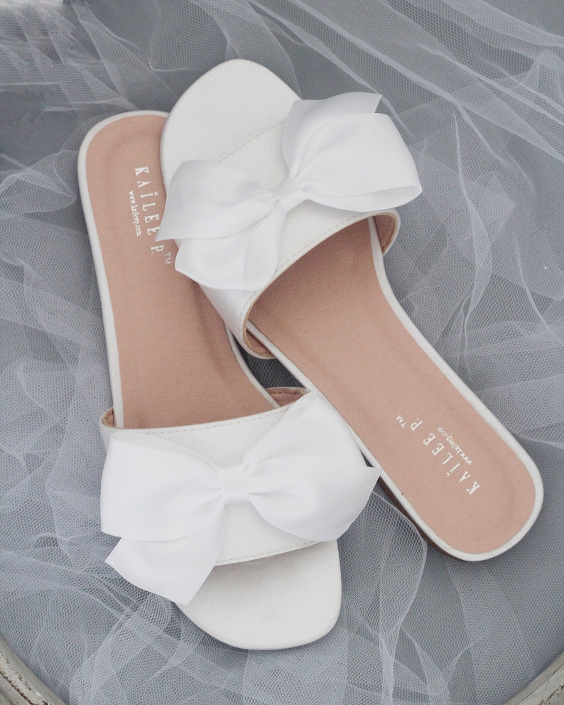 WHITE SATIN Slide Flat Sandals with Satin Bow Bridal image 0