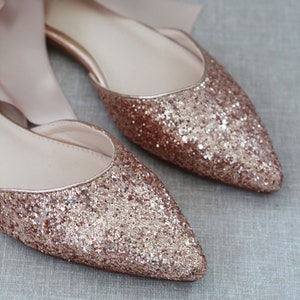 Rose Gold Rock Glitter Pointy Toe Flats With Blush Satin ANKLE TIE or ...