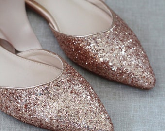Rose Gold Rock Glitter Pointy Toe Flats with Blush Satin Ankle Tie or Ballerina Lace Up, Wedding Shoes, Bridesmaids Shoes, Holiday Shoes
