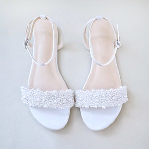 White Satin Flat Sandal with Perla Applique, Bridesmaid Shoes, Women Sandals, Kids Sandals, Mommy and Me Shoes