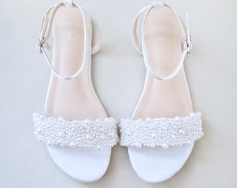 White Satin Flat Sandal with Perla Applique, Bridesmaid Shoes, Women Sandals, Kids Sandals, Mommy and Me Shoes