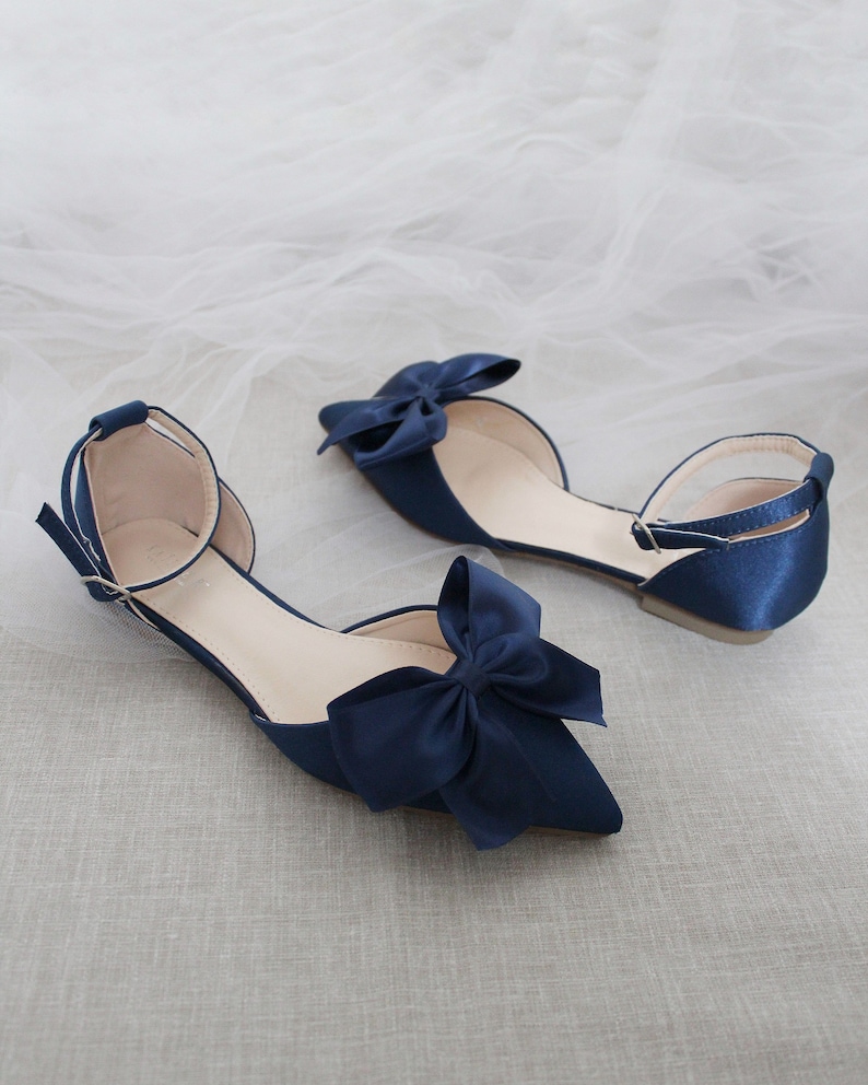 Navy Satin Pointy Toe Flats With FRONT SATIN BOW, Fall Wedding Shoes ...