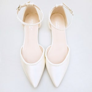 Ivory Satin Pointy Toe Flats with MINI PEARLS and Ankle Strap | Fall Wedding Shoes, Bridal Shoes, Bridal Flats, White Shoes