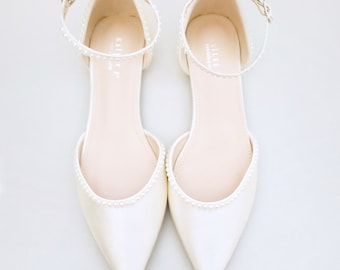 Ivory Satin Pointy Toe Flats with MINI PEARLS and Ankle Strap | Fall Wedding Shoes, Bridal Shoes, Bridal Flats, White Shoes