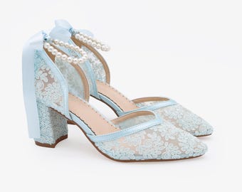 Light Blue Crochet Lace Almond Toe Block Heel with All Pearls Ankle Strap, Women Wedding Shoes, Bridesmaid Heel, Bridal Heel, Something Blue