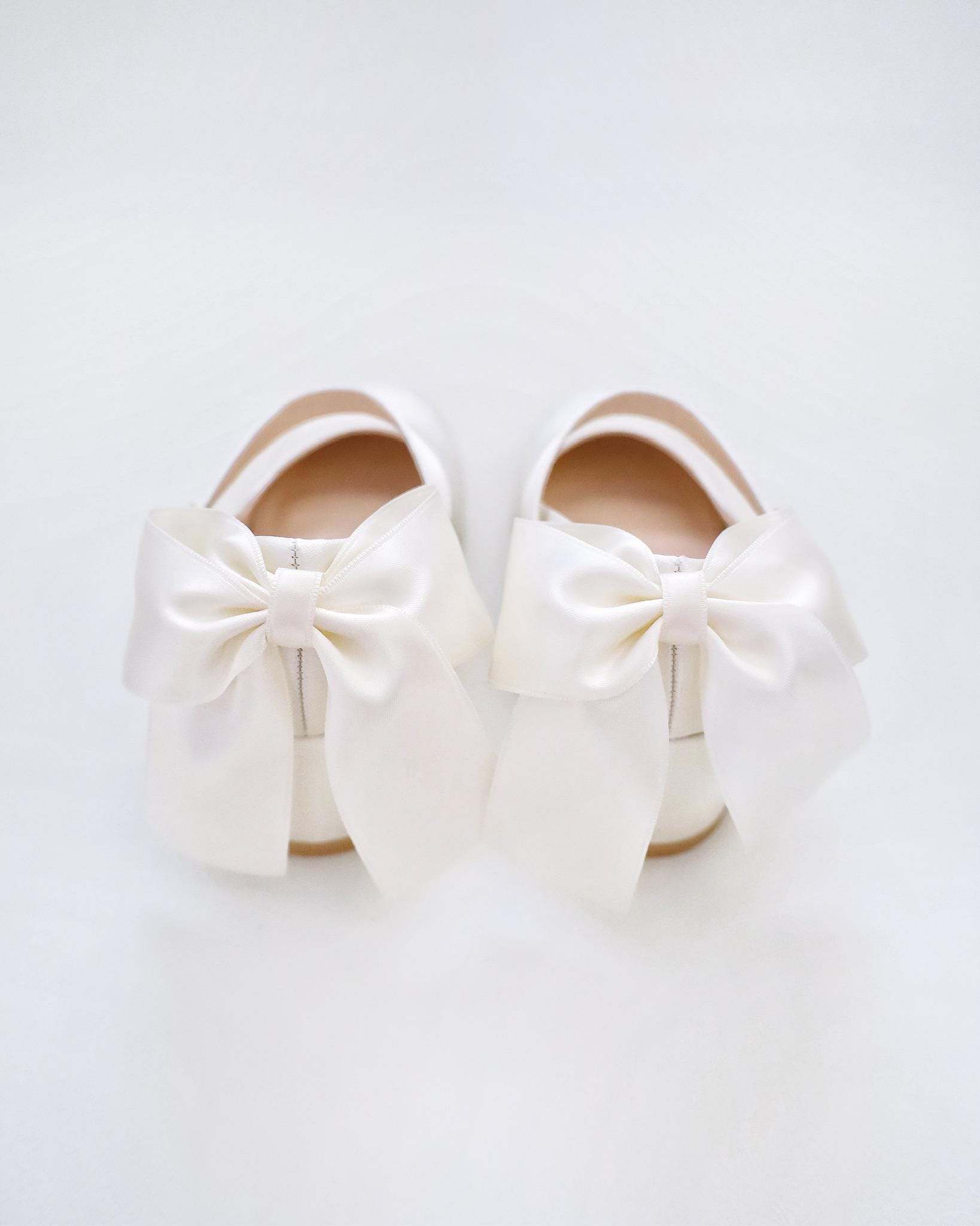Ivory & White Satin Mary Jane Girls Block Heel With Back Satin Bow ...