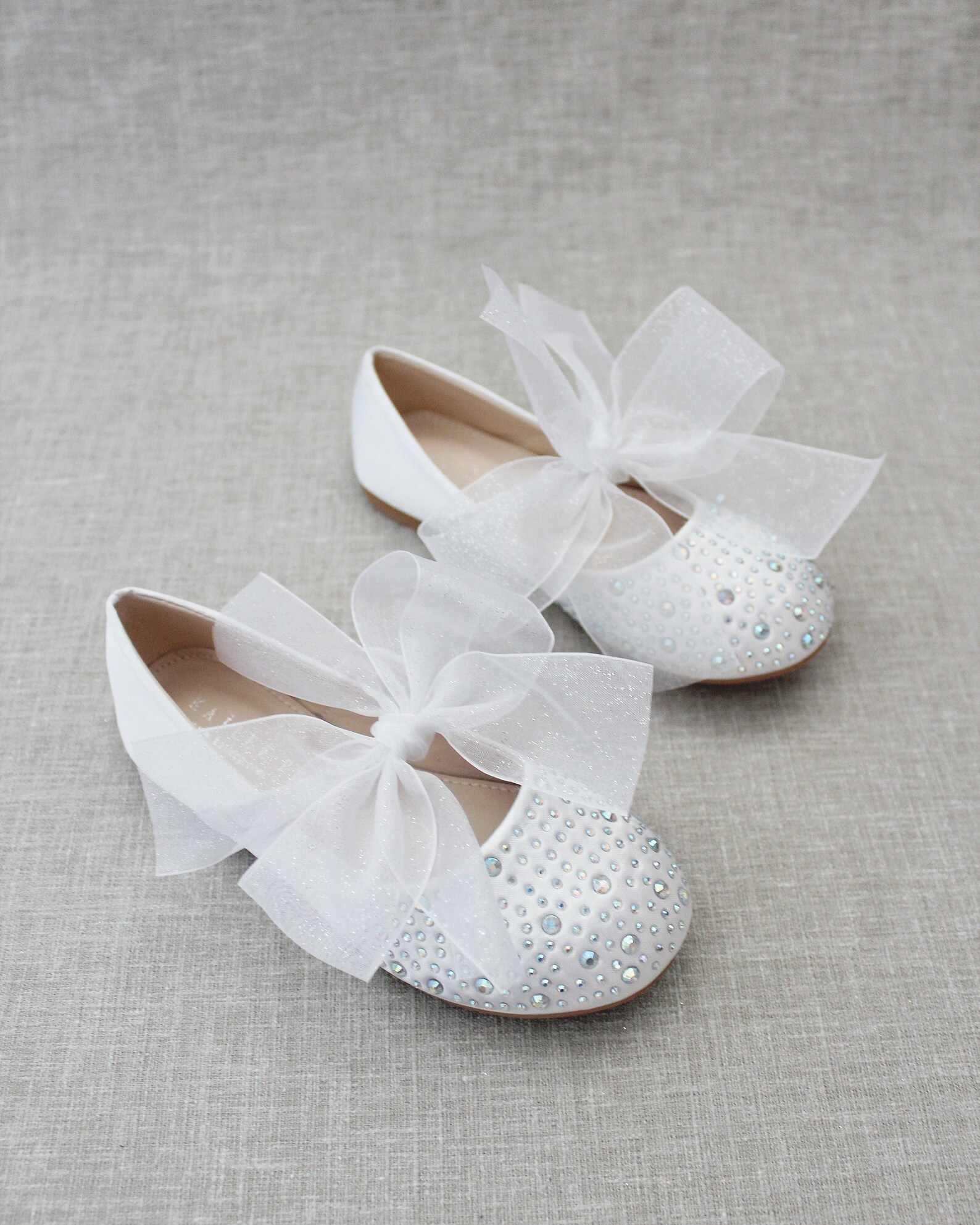 White Satin Mary Jane Flats With White CHIFFON BOW and Rhinestones- for ...