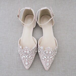 Dusty Pink Satin Pointy Toe Flats With Sparkly RHINESTONES APPLIQUE ...