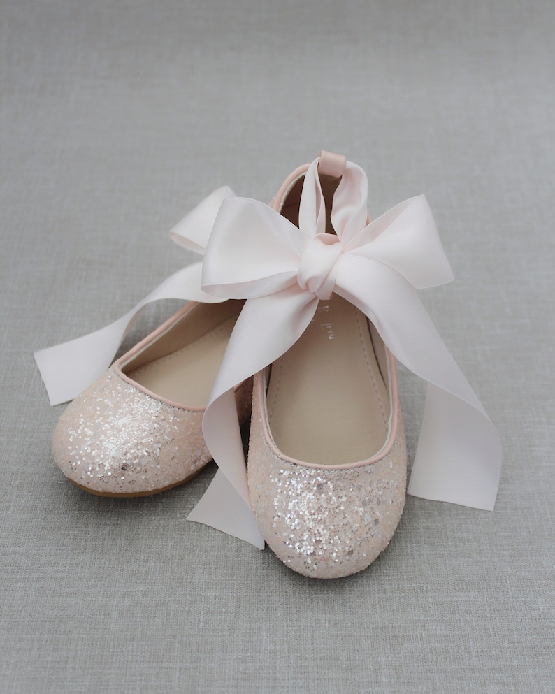 Infant and Toddler Shoes Flower girl shoes DUSTY PINK rock glitter ballet flats with Satin Ankle Tie or Ballerina Lace Up Girls Shoes