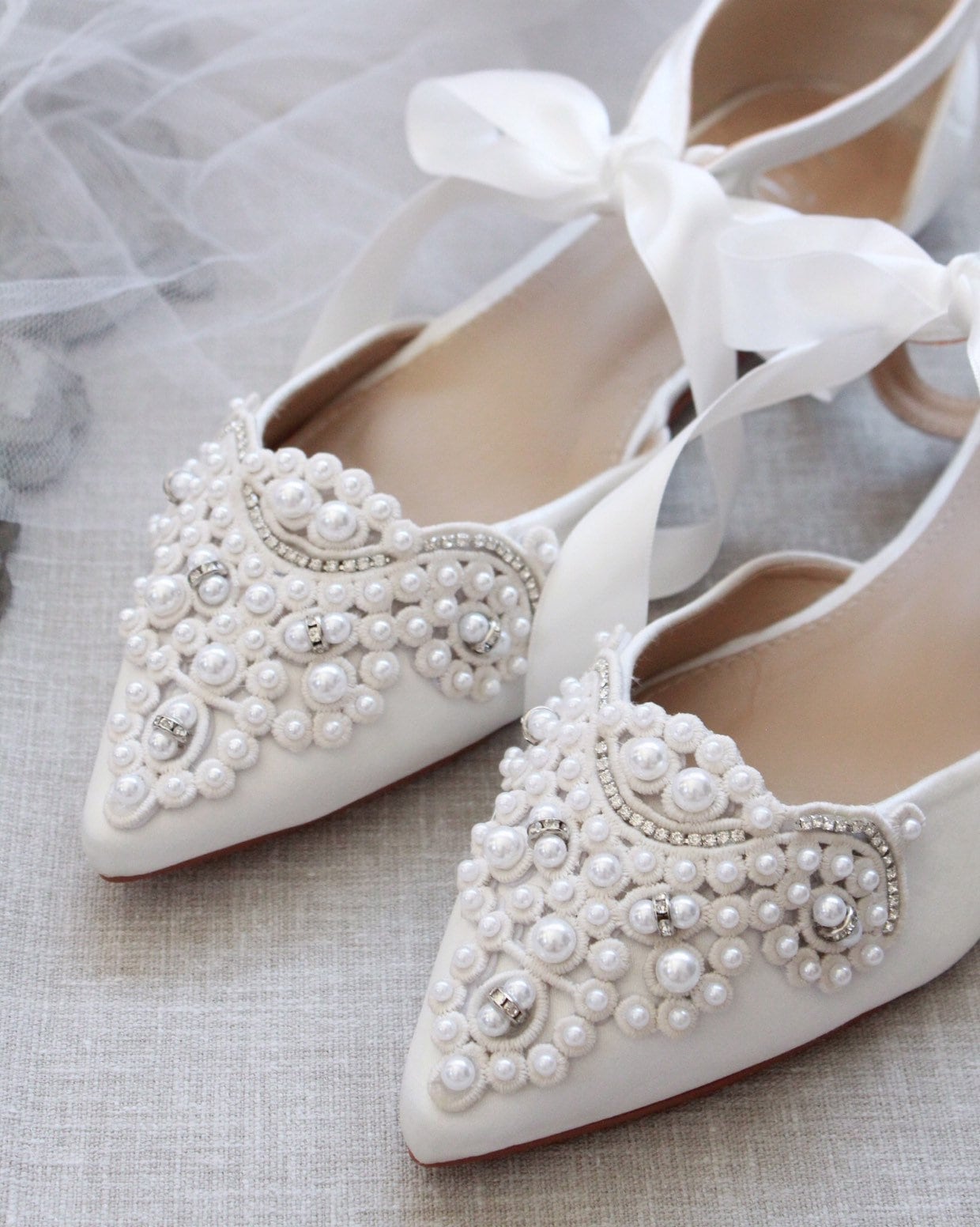Pointed Toe Flat Shoe With Pearl Accent - White main image 0