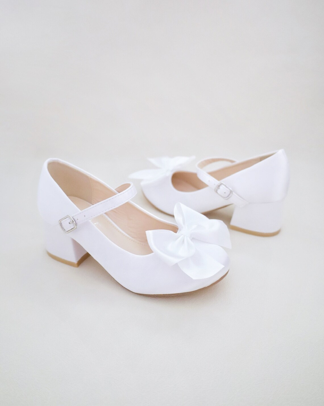 Ivory & White Satin Mary Jane Girls Block Heel With Front Satin Bow ...