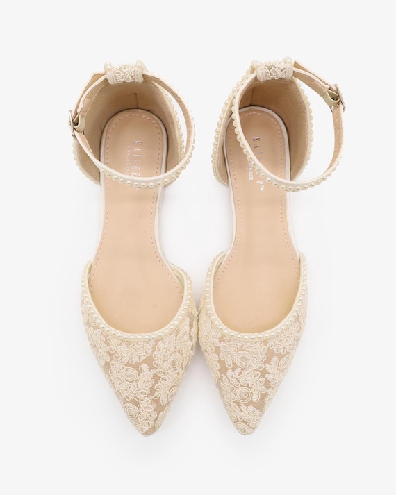 Ivory Crochet Lace Pointy Toe Flats With MINI PEARLS , Women