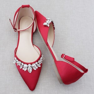 Red Satin Pointy Toe Flats With Sparkly TEARDROP RHINESTONES, Fall ...