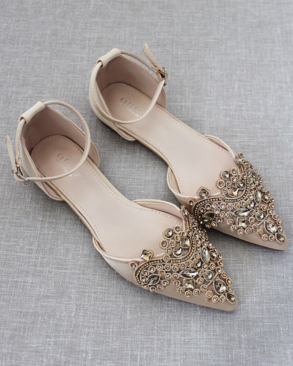 Champagne Satin Pointy Toe Flats with Sparkly OVERSIZED image 1