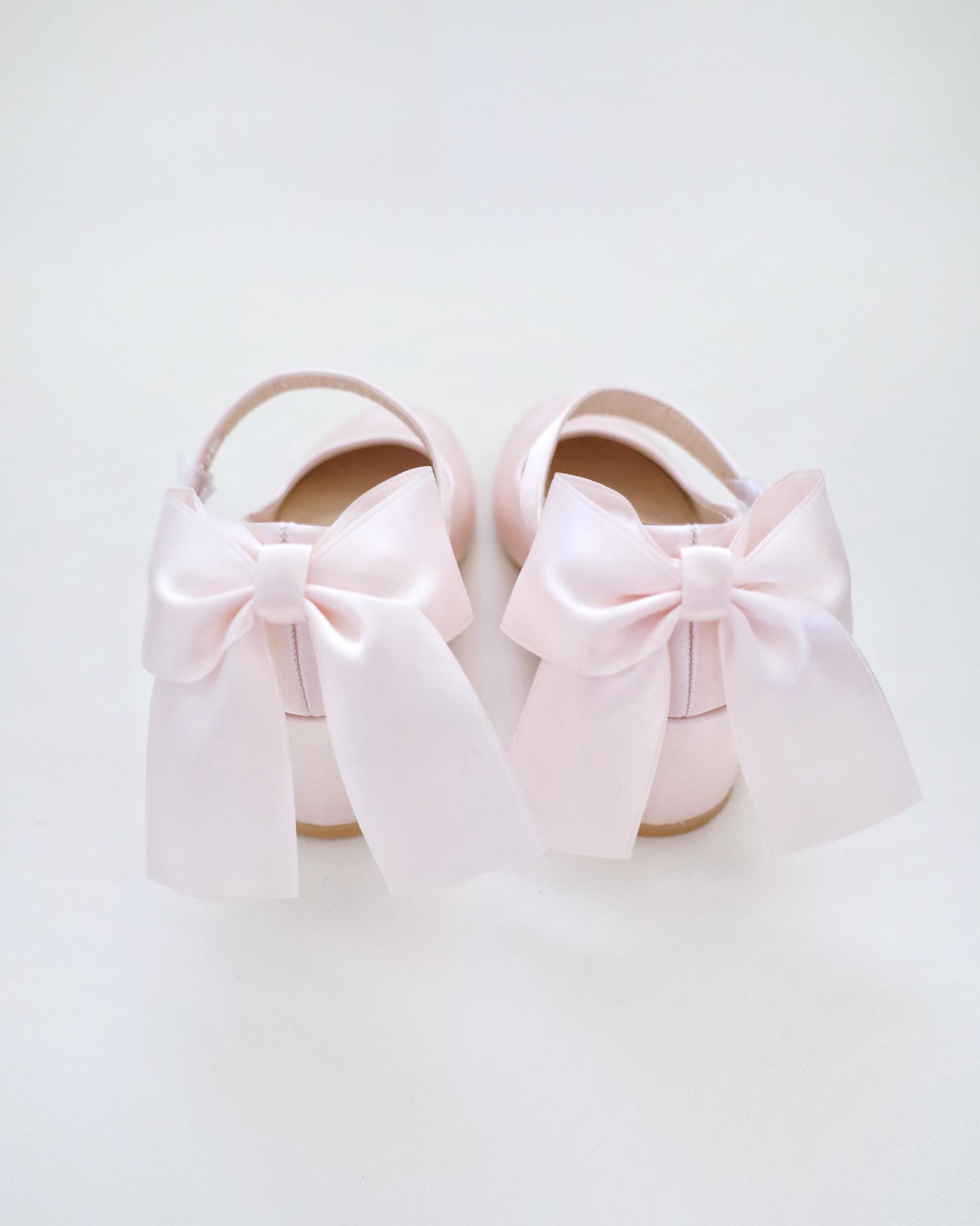 Dusty Pink Girls Satin Mary Jane Block Heel With Back Satin Bow, Flower ...