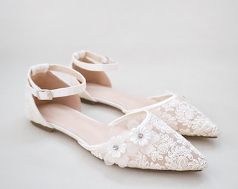 Ivory Crochet Lace Pointy Toe Flats with Flower Applique - Women Wedding Shoes, Bridesmaid Shoes, Wedding Flats, Bridal Lace Shoes