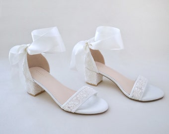 Ivory Crochet Lace Block Heel Wedding Sandals with Wrapped Ankle Tie - Bridal Shoes, Bridesmaids Heels, Women Sandals, Bridal Block Heels