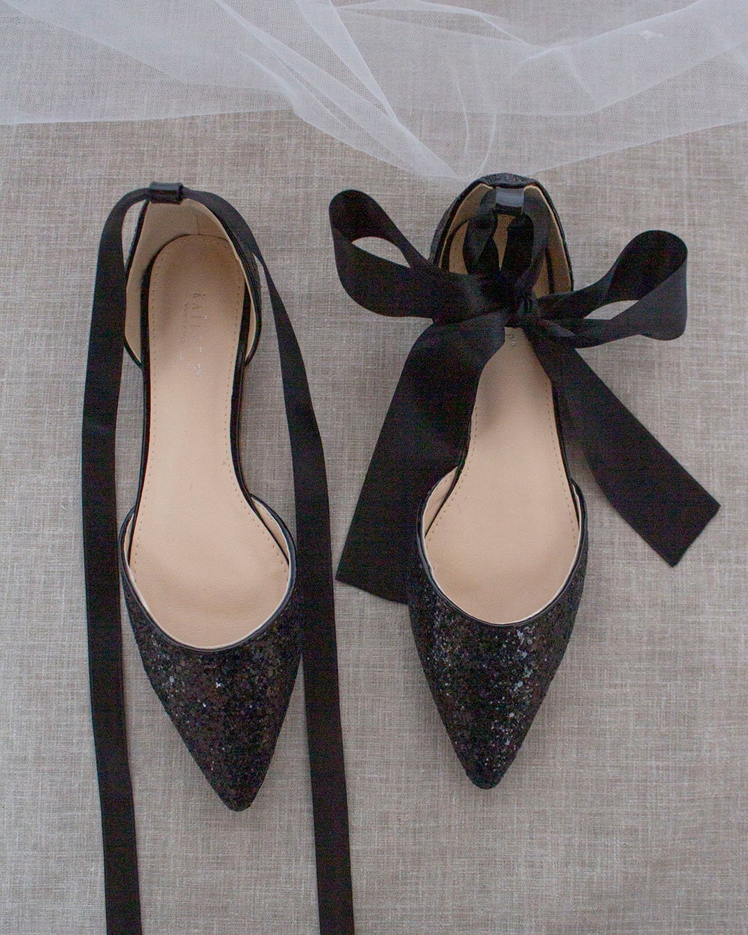 Black Rock Glitter Pointy Toe Flats With Satin ANKLE TIE or - Etsy