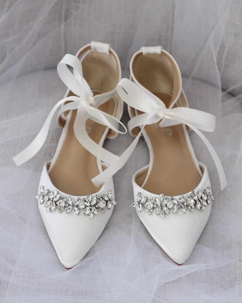 Ivory Satin Pointy Toe flats with FLORAL RHINESTONES and Satin Tie, Women Wedding Shoes, Bridal Flats, Bridal Shoes, Bride Shoes 