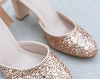 Rose Gold Rock Glitter Block Heel With 