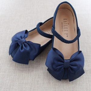 Navy Satin Mary Jane With FRONT SATIN BOW for Fall Flower Girls Shoes ...