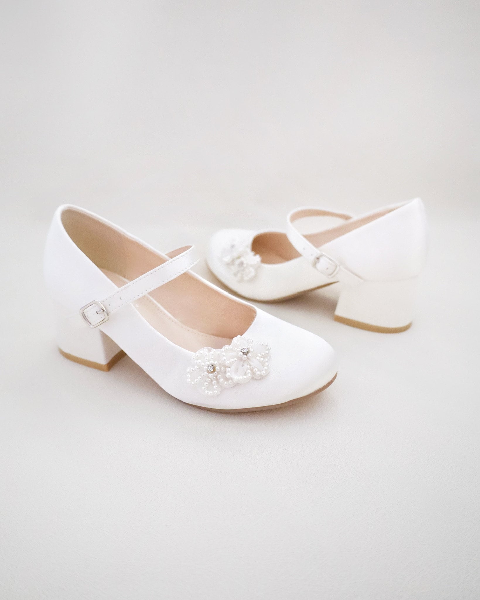 Ivory & White Satin Mary Jane Girls Block Heel With All Pearls Chassia ...