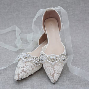 Ivory Crochet Lace Pointy Toe Flats With Small Pearls Applique Women ...