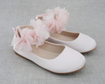 Dusty Pink Satin Flats with CHIFFON FLOWERS Ankle Strap -  Flower Girls Shoes, Blush Pink Birthday shoes, Easter shoes, Birthday Shoes