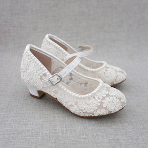 Ivory Lace Mary Jane heels with Mini Pearls - Flower Girl shoes, Baptism and Christening Shoes, Girls Lace Heels