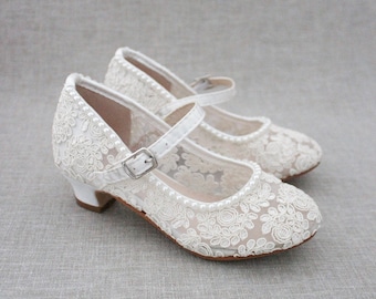 Ivory Lace Mary Jane heels with Mini Pearls - Flower Girl shoes, Baptism and Christening Shoes, Girls Lace Heels