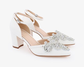 White Satin Block Heel with Rhinestones Applique - Women Wedding Shoes, Bridesmaids Shoes, Bridal Shoes, Block Heels