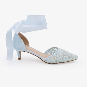 Light Blue Crochet Lace Pointy Toe Wedding Low Heels with Wrapped Ankle Tie, Bridal Shoes, Bridal Low Heels, Kitten Heels
