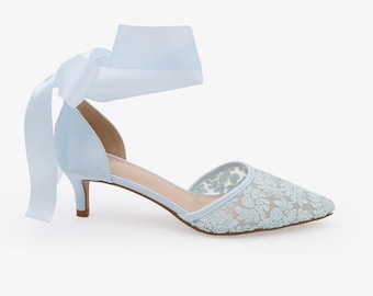 Light Blue Crochet Lace Pointy Toe Wedding Low Heels with Wrapped Ankle Tie, Bridal Shoes, Bridal Low Heels, Kitten Heels