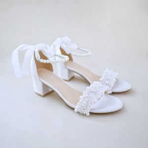 White Satin Block Heel Sandals with Perla Applique and All Pearls Strap, Wedding Shoes, Bridesmaid Shoes, Bridal Sandals