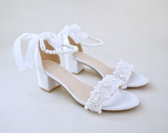 White Satin Block Heel Sandals with Perla Applique, Flower Girls Shoes, Jr.Bridesmaid Shoes, Women Sandals, Wedding Shoes