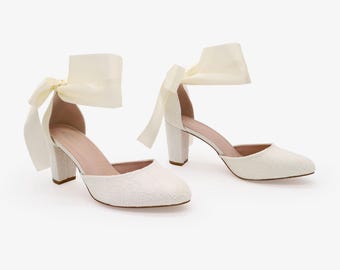 Ivory Lace Block Heel with WRAPPED SATIN TIE, Women Wedding Shoes, Bridal Shoes, Bridal Heels, Bride Heels