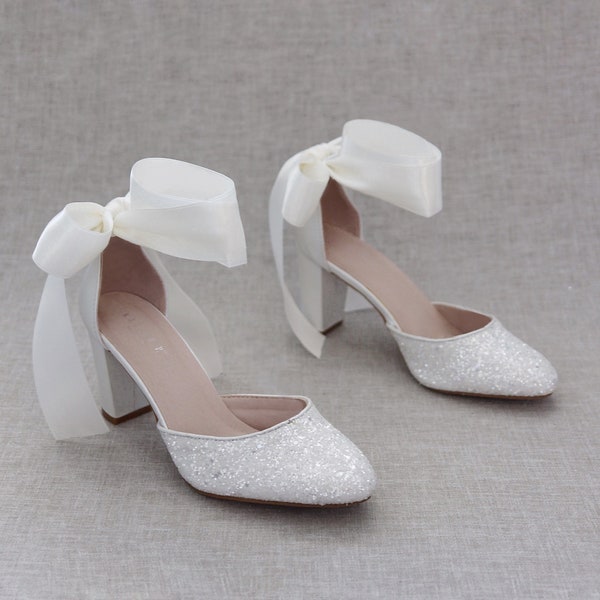 White Rock Glitter Block Heel with WRAPPED SATIN TIE, Women Wedding Shoes, Bridal Shoes, Bridal Heels, Glitter Shoes, Holiday Shoes